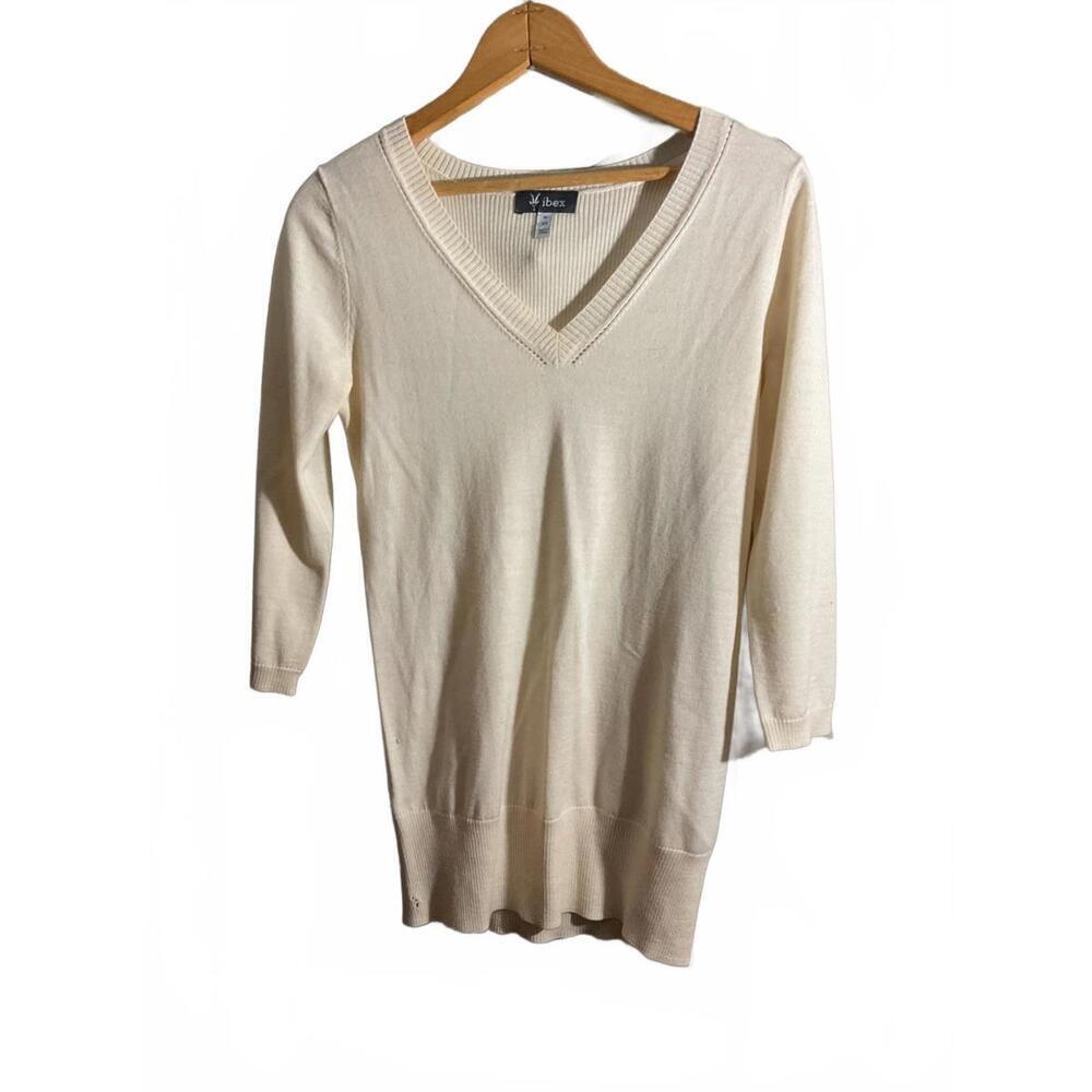 Ibex Cream Long Sleeve Wool/Silk V-Neck Sweater XS